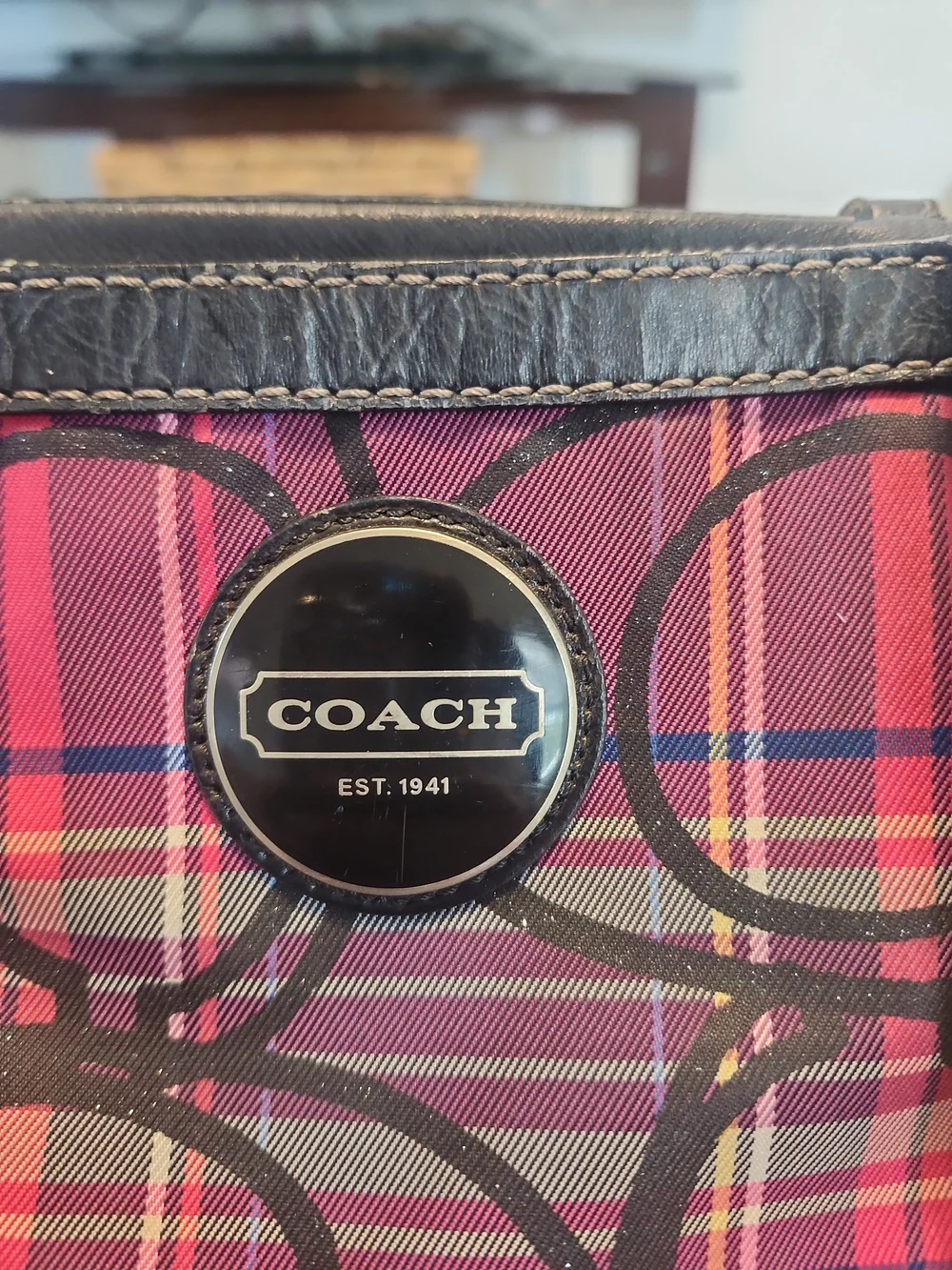 Coach Purple Pink Plaid Tote with Signature Circle Logo